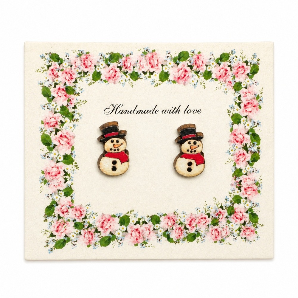 Handmade Snowman Stud Earrings Women OS White Red Wood Holiday Winter Festive